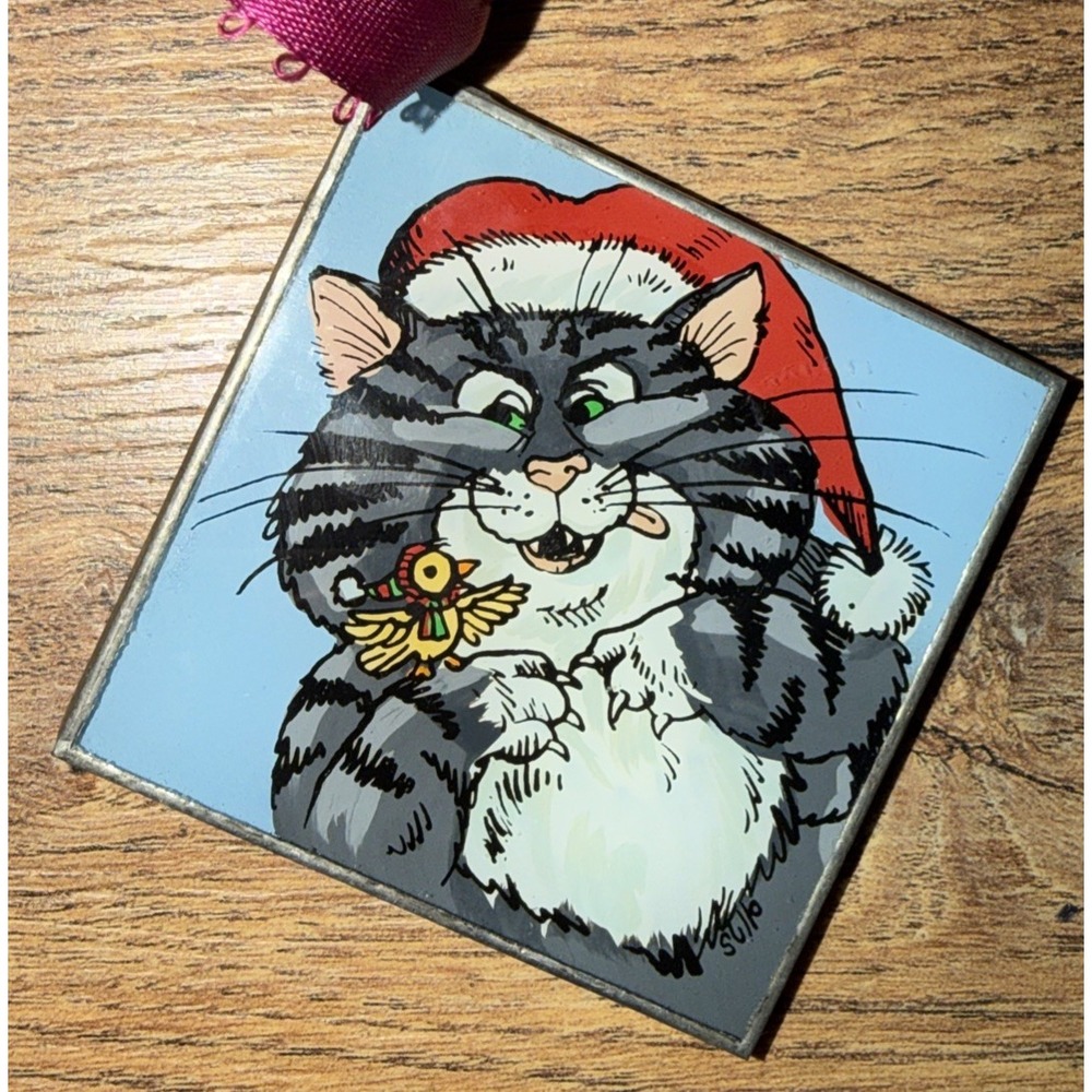 1995 RARE Gray Silver Tabby Cat Christmas Xmas Ornament Glads Red Santa Hat